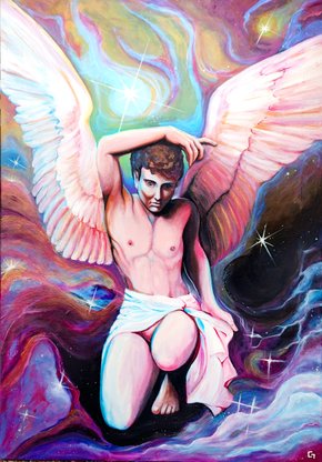 ANGEL IN SPACE   Acryl-Mischtechnik auf Leinwand  nach einem Gemälde von Caravaggio , Format  70 x 100 cm, 2023