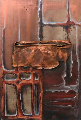  "Inceptus", Format 80 x 120 cm, Acryl-Mischtechnik mit Wachs und Metall auf Leinwand, 2018