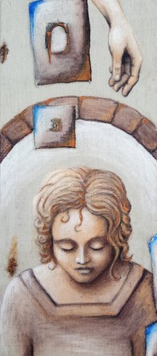 GEDULD Gemälde auf altem Sackleinen, Pastellkreide mit Acryl, Beschlag, Format: 40 x 85 cm, 2017
