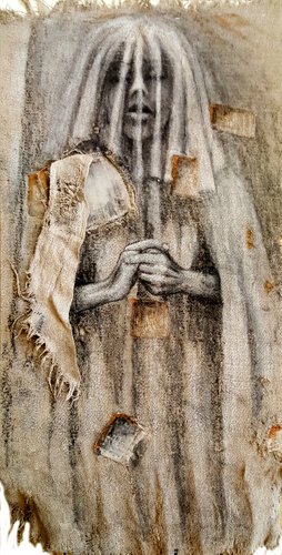  „Gewissen”  Gemälde auf antikem Sackleinen, Pastellkreide mit Acryl, Format: 55 x 110 cm,  2017