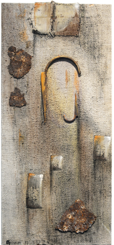  „Handwerk”  Gemälde auf altem Sackleinen, Pastellkreide mit Acryl, Beschlag  Format: 40 x 85 cm,  2017