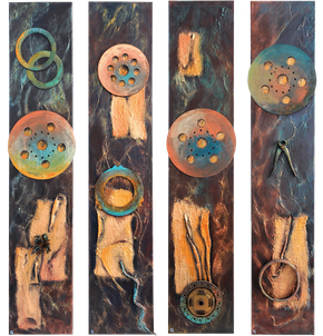 Iron Movement II, Acryl Painting mit Eisenteilen, antikem Leinen und Struktur, Format 4 Stehlen à 150x30 cm, auch getrennt zu kaufen, Farben changierend je nach Lichteinfall, 2018