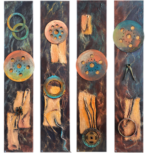 Iron Movement II, Acryl Painting mit Eisenteilen, antikem Leinen und Struktur, Format 4 Stehlen à 150x30 cm, auch getrennt zu kaufen, Farben changierend je nach Lichteinfall, 2018
