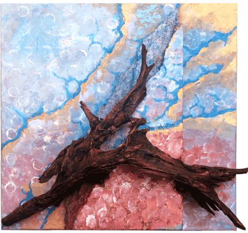 NATUR MORPHING, Acryl auf Leinwand und Styrodur mit Geäst, 100 x 100 x 30 cm, 2022