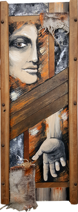 „Sinn”  Acryl auf historischem Krauthobel mit antikem Sackleinen  Format: 25 x 65 cm,  2017